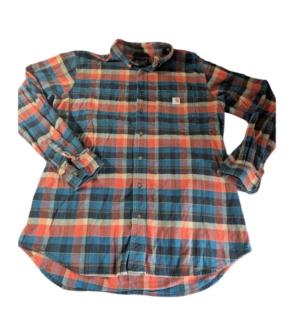 Carhartt Rugged Flex Men's Cotton Flannel Orange Green Plaid Shirt 2XL